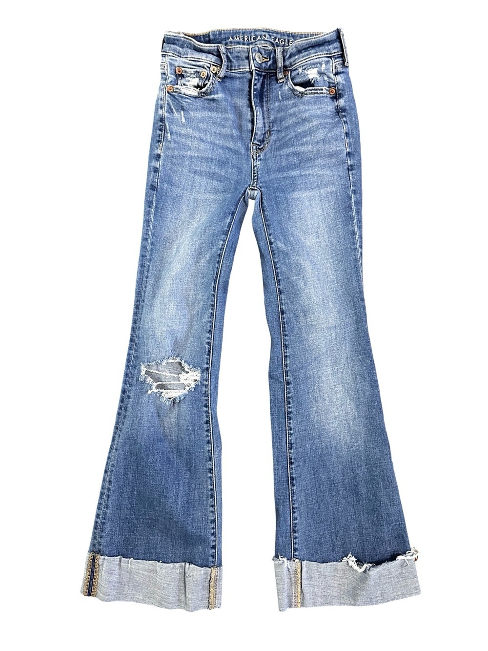 American Eagle Stretch Super Hi Rise Flare Denim Jeans Size 000 Comfy Distressed